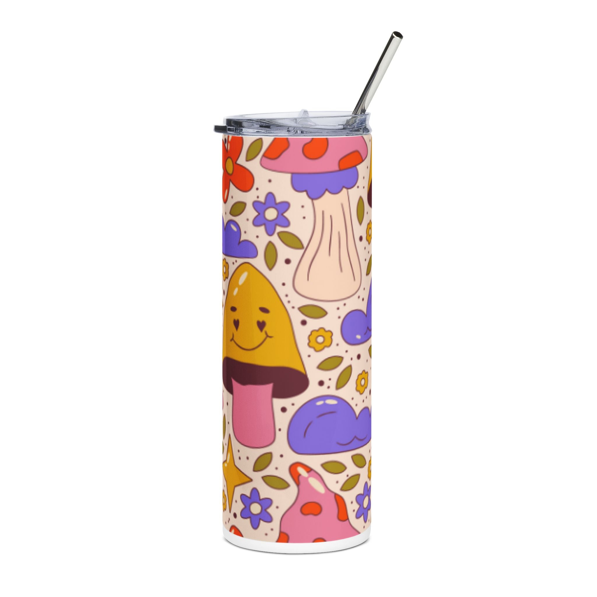 20oz Stainless Tumbler — Cute Smiling Mushrooms & Flowers Pattern
