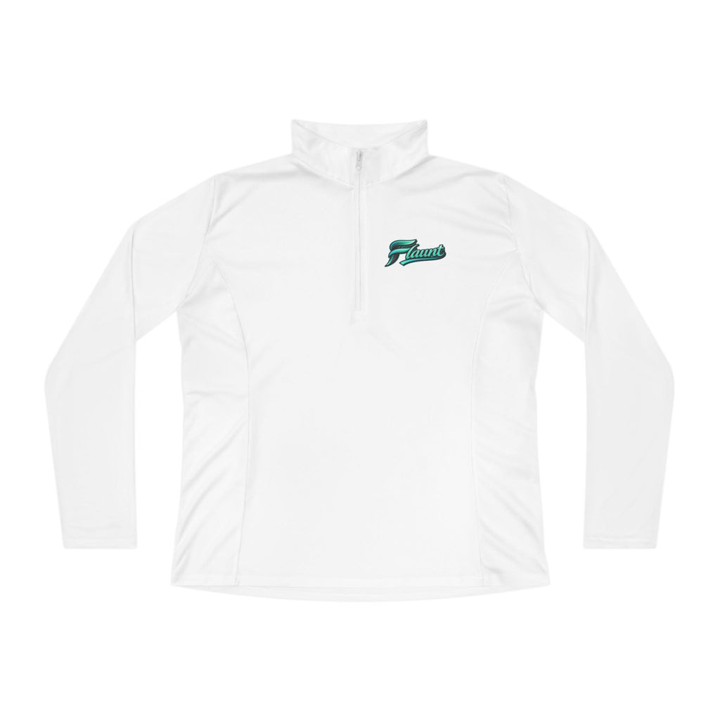 Ladies Quarter-Zip Pullover — White Performance Top with Green Script Logo