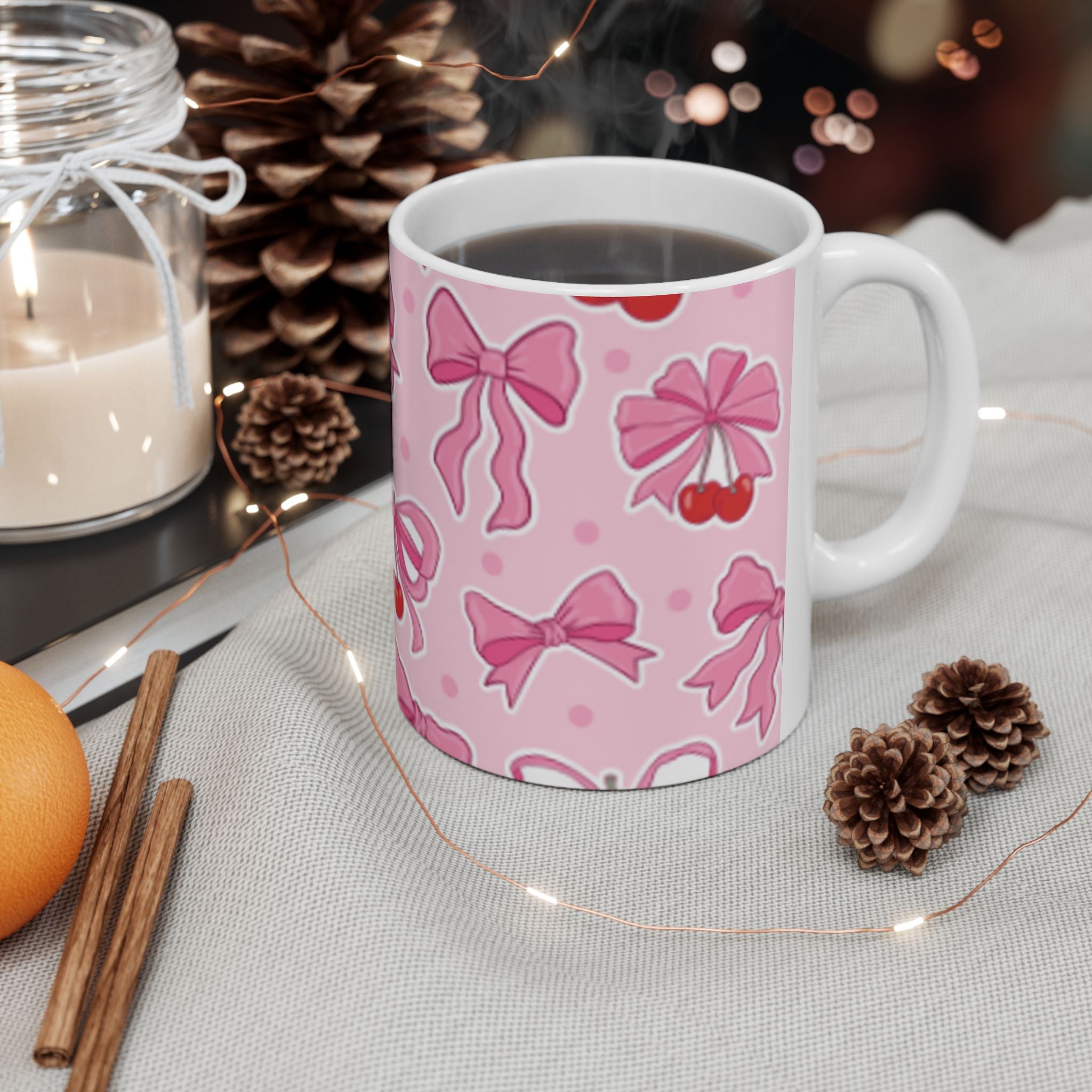 Pink Bow & Cherry Ceramic Mug — Cute Kawaii Patterned Coffee Cup (11oz, 15oz)