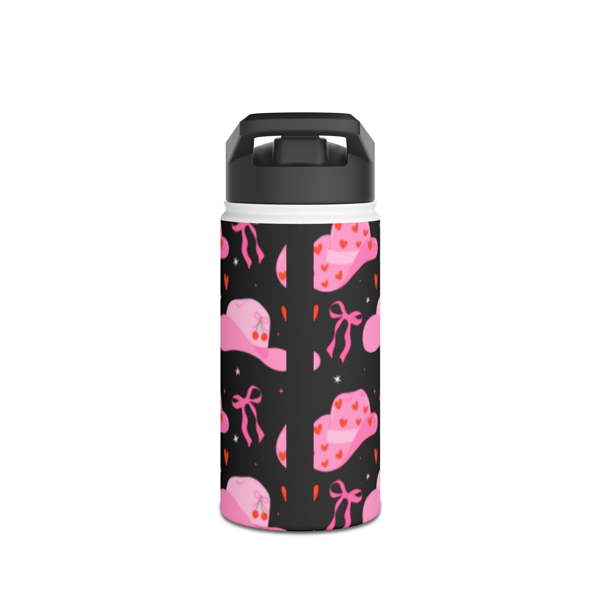 Pink Cowboy Hat Pattern Stainless Steel Water Bottle — Cute Heart & Ribbon Design