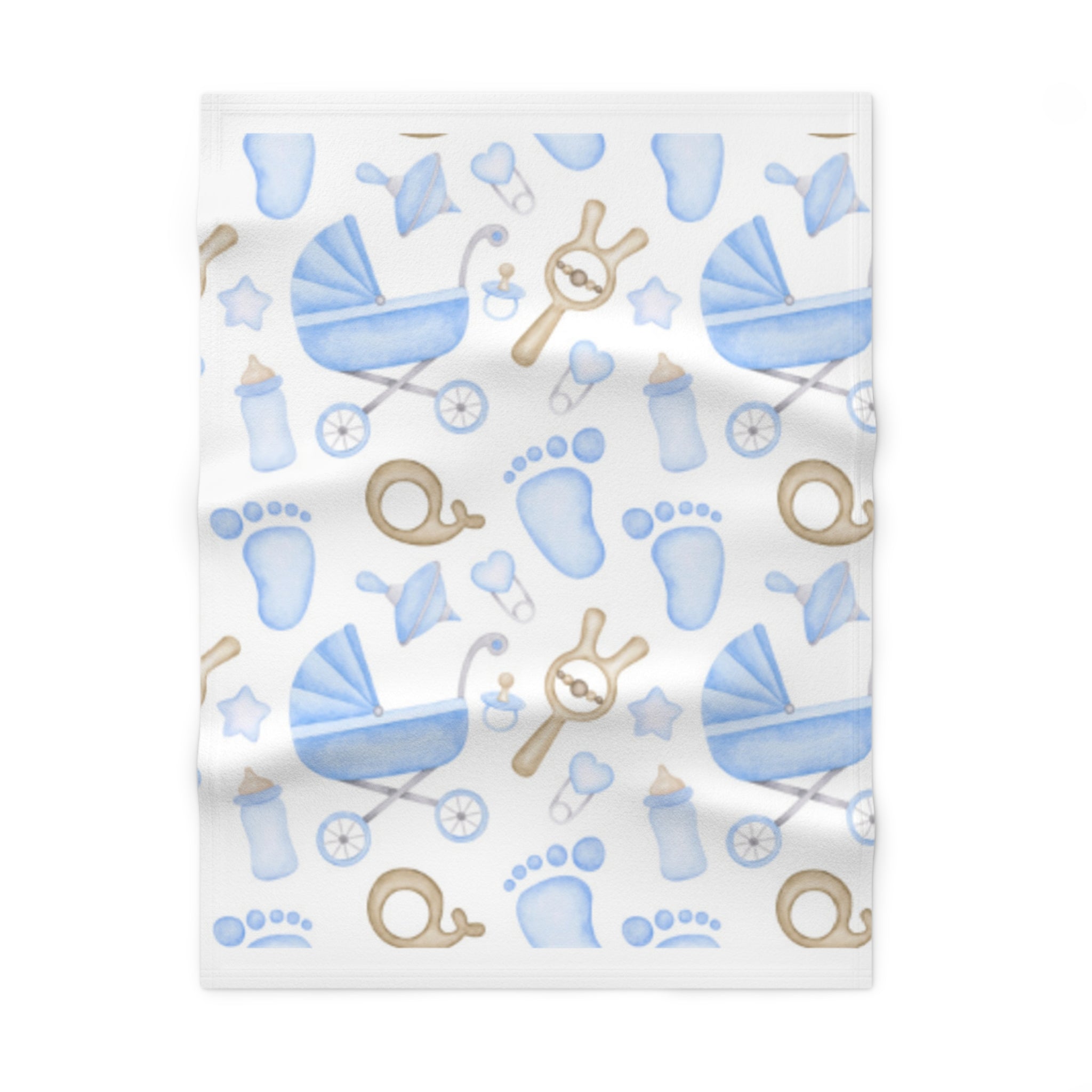 Blue Baby Shower Fleece Blanket — Newborn Pram, Bottle & Footprint Pattern