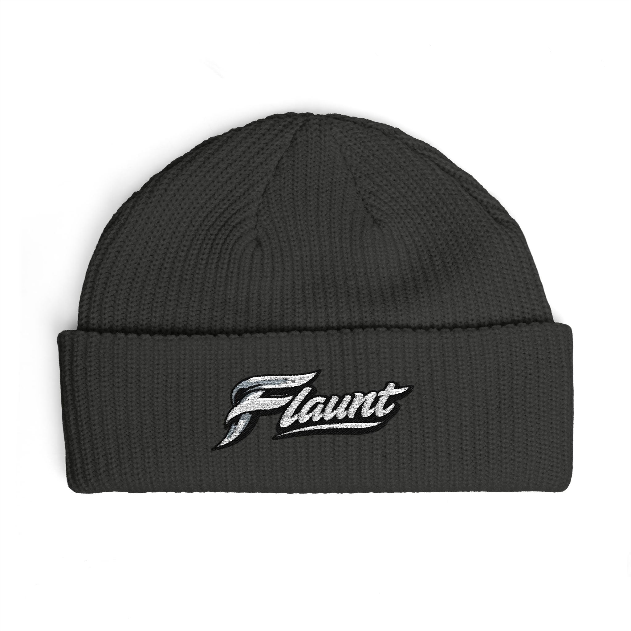Embroidered ‘Flaunt’ Cuff Beanie — Cozy Knit Winter Hat