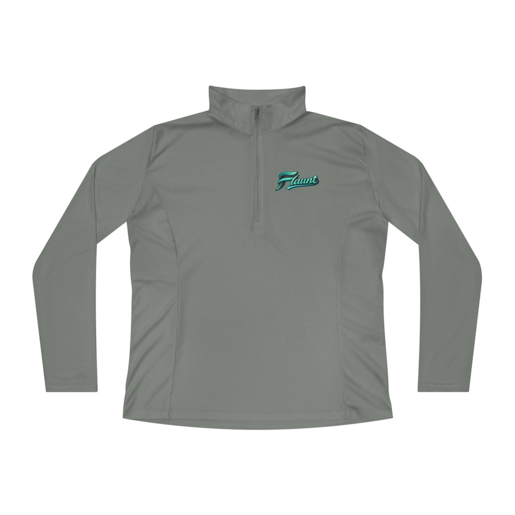 Ladies Quarter-Zip Pullover — White Performance Top with Green Script Logo