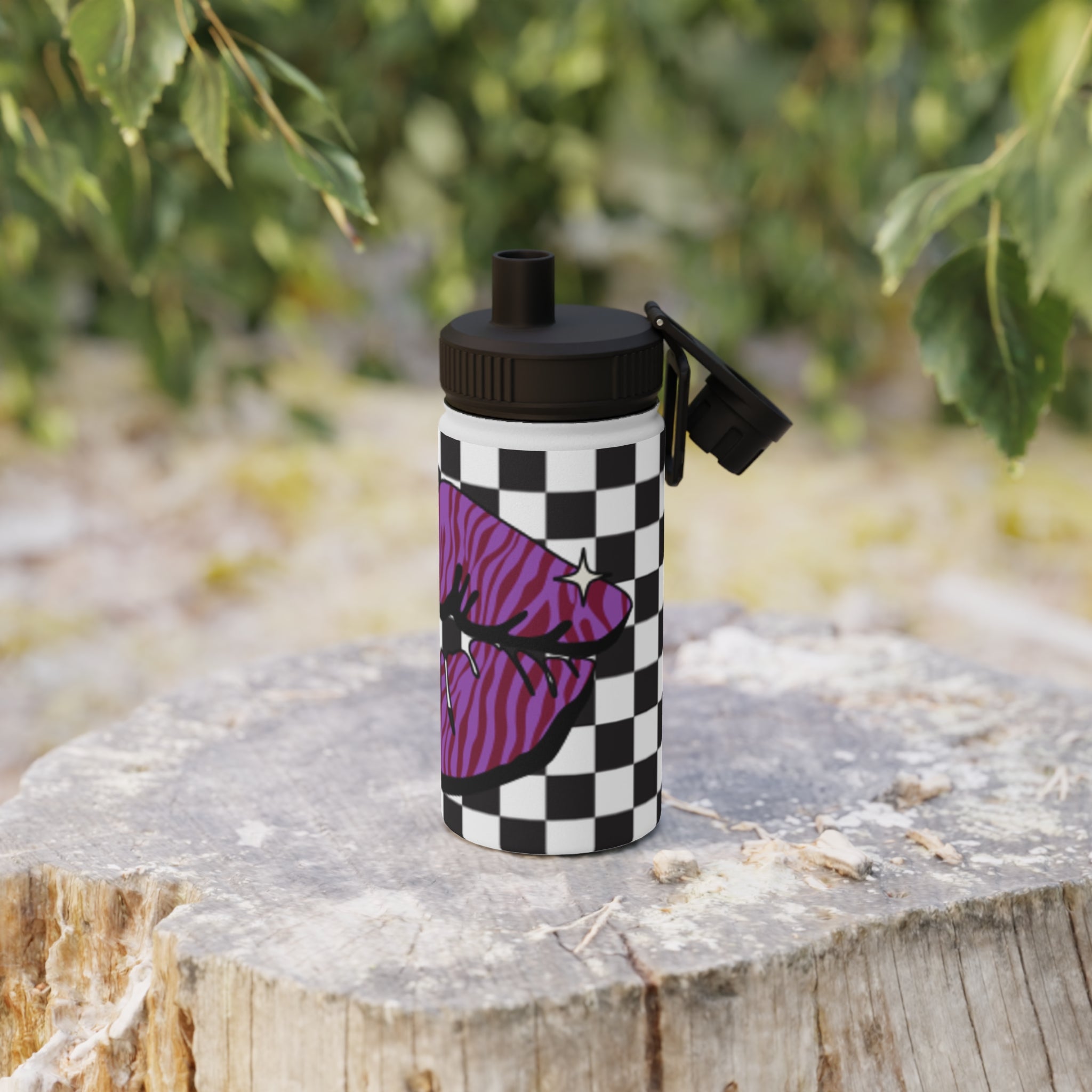 Stainless Steel Water Bottle — Purple Zebra Kiss on Black & White Checkered Pattern y2k