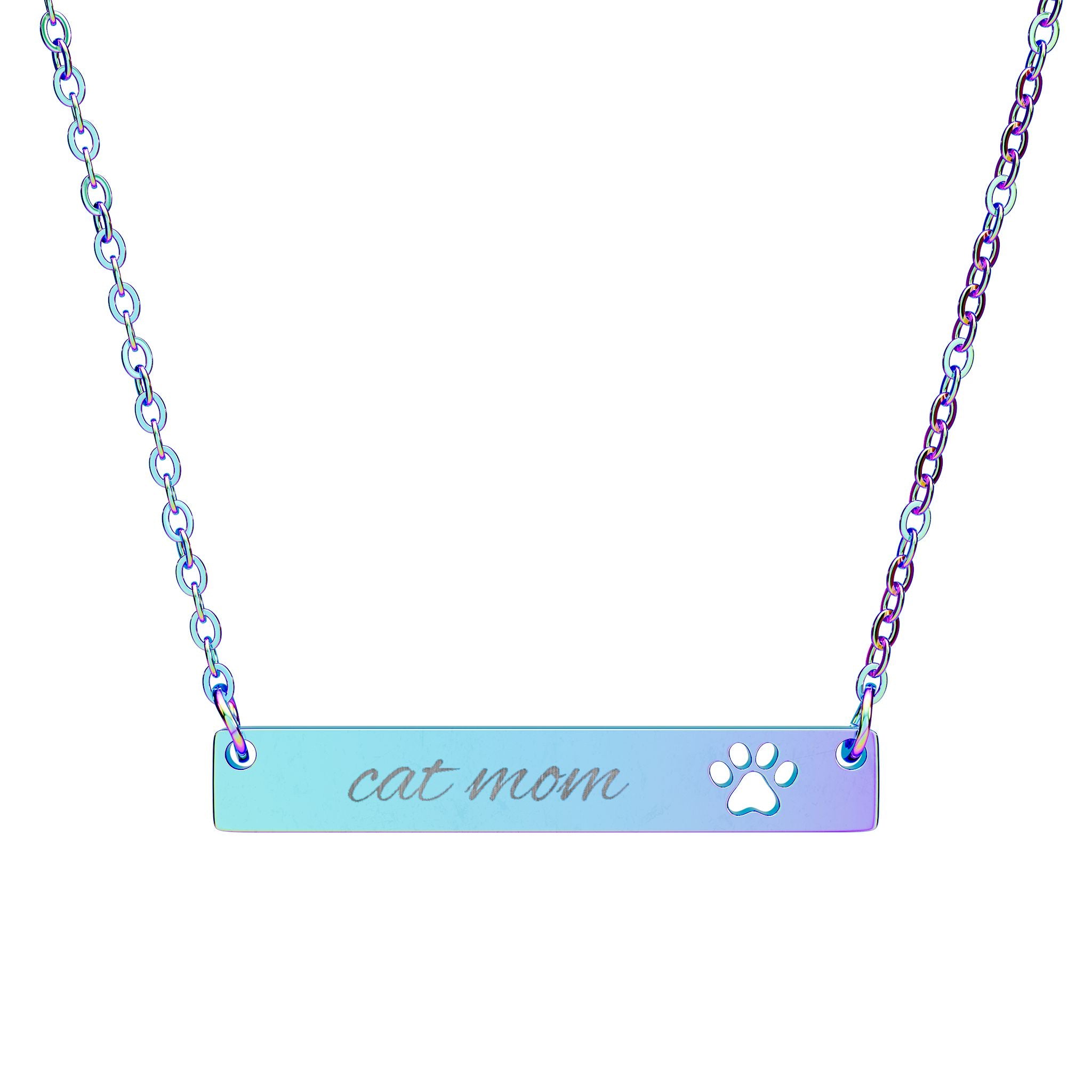 Cutout Paw Bar Necklace — Engraved "Cat Mom" Pendant