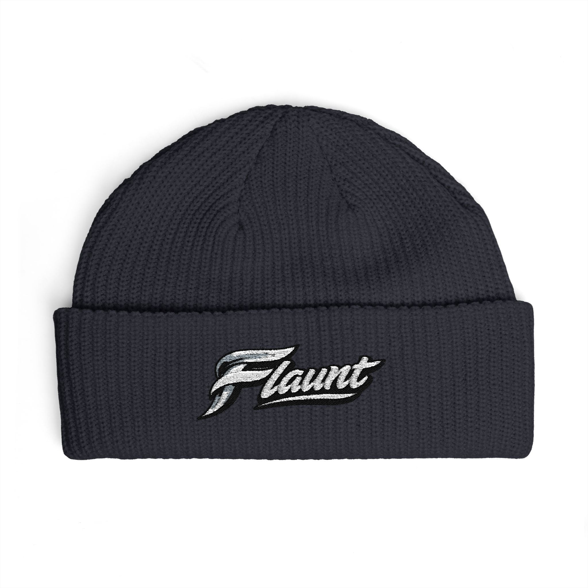 Embroidered ‘Flaunt’ Cuff Beanie — Cozy Knit Winter Hat