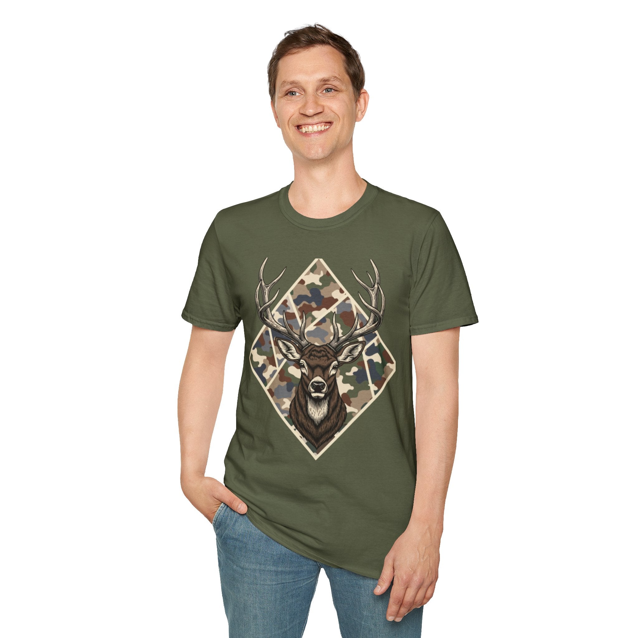 Deer Head Camo T-Shirt — Rustic Hunting Graphic Tee