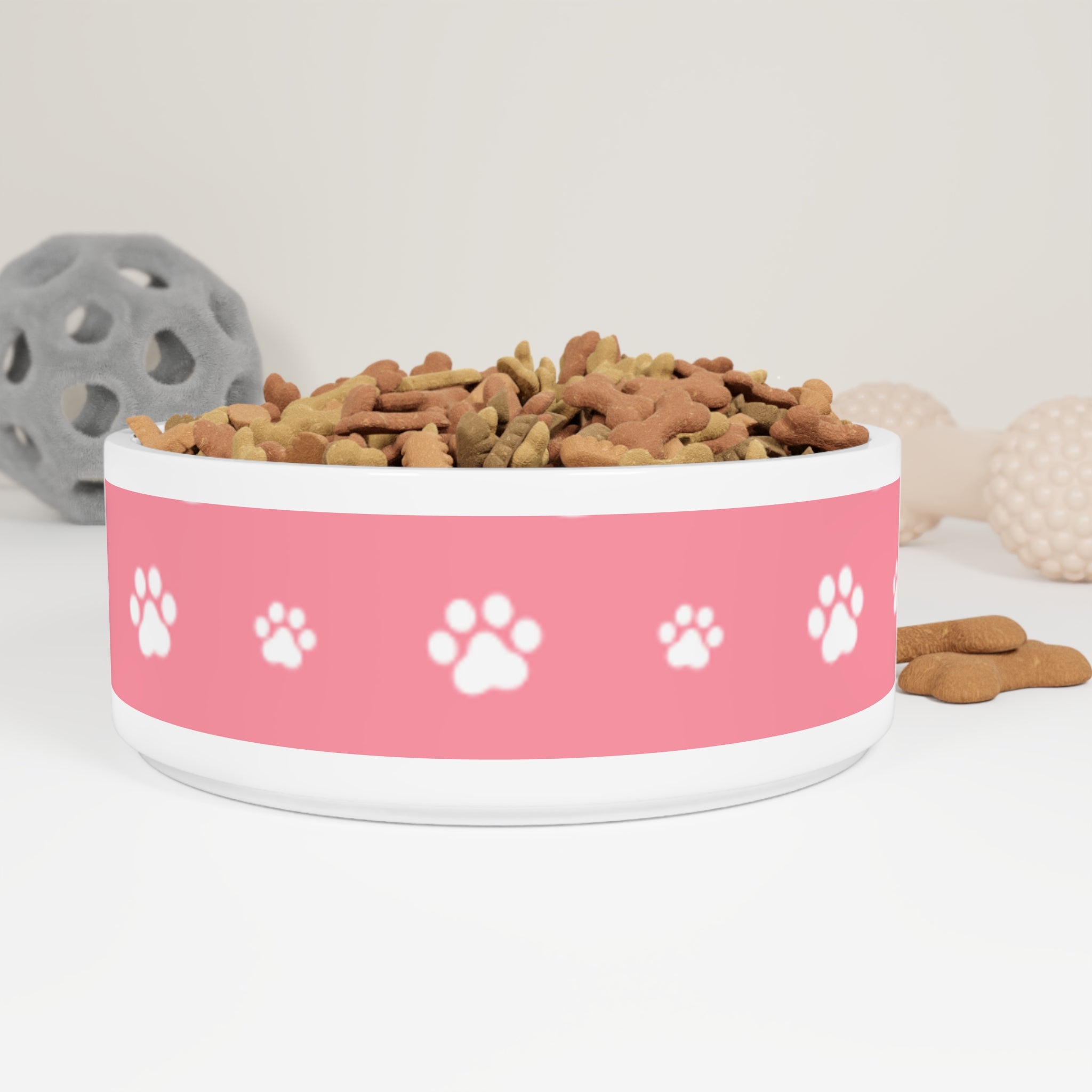 Pink Paw Print Pet Bowl - Ceramic Dog & Cat Food Water Dish