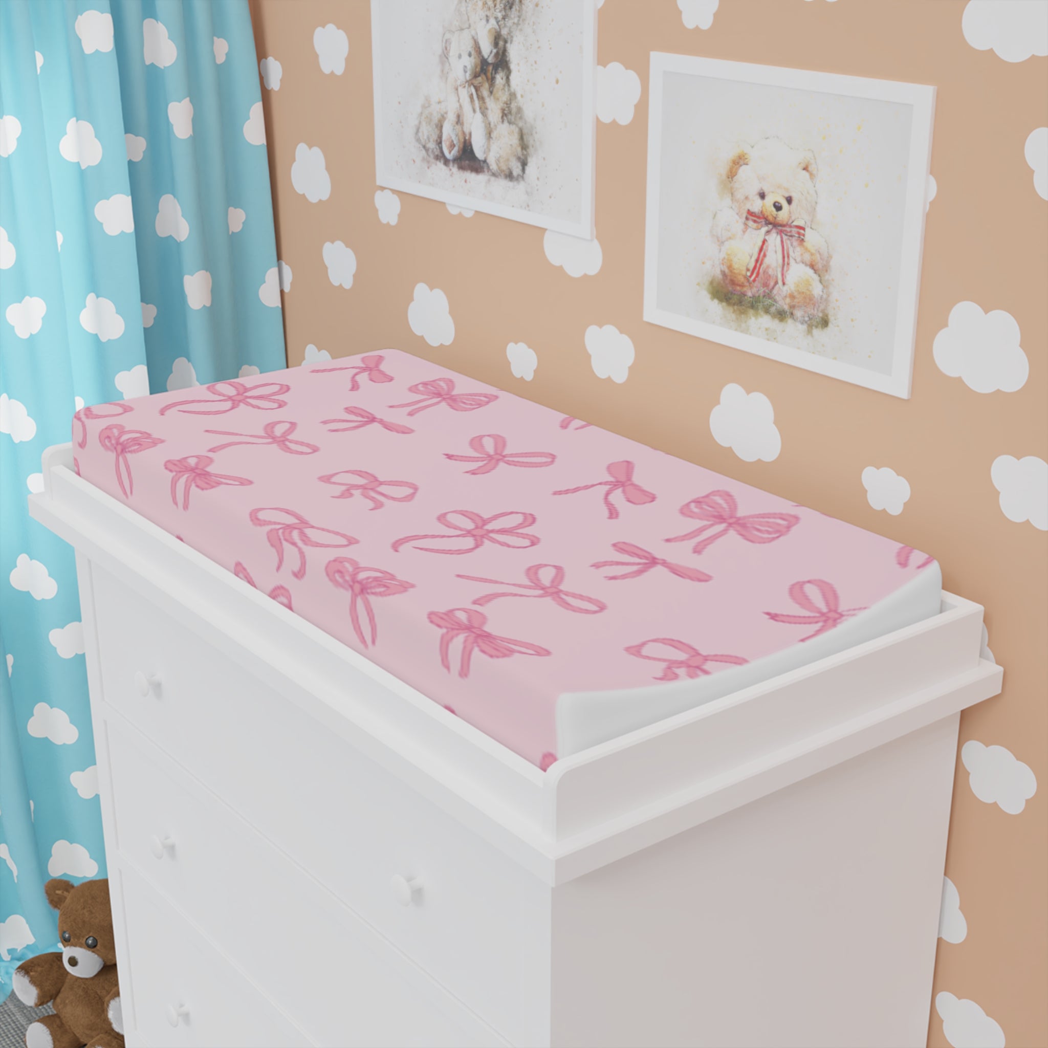 Pink Ribbon Bow Baby Changing Pad Cover — Soft Floral Nursery Accessory