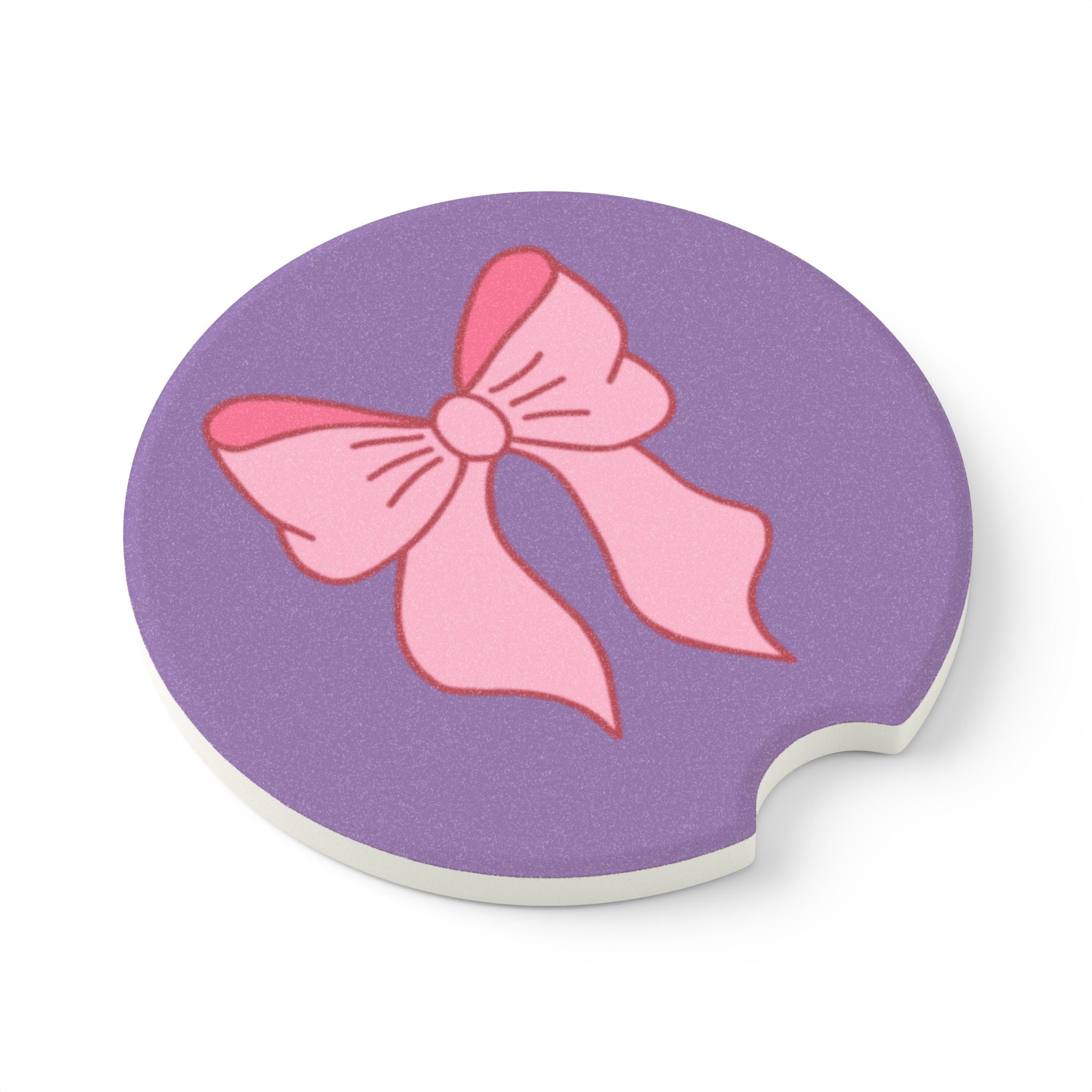 Soapstone Car Coaster — Pink Bow on Purple Background, Cute Non-Slip Cup Holder Insert