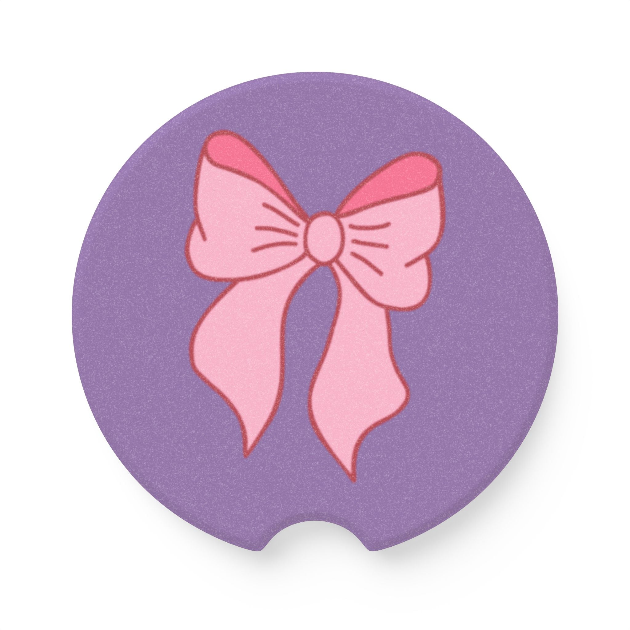 Soapstone Car Coaster — Pink Bow on Purple Background, Cute Non-Slip Cup Holder Insert