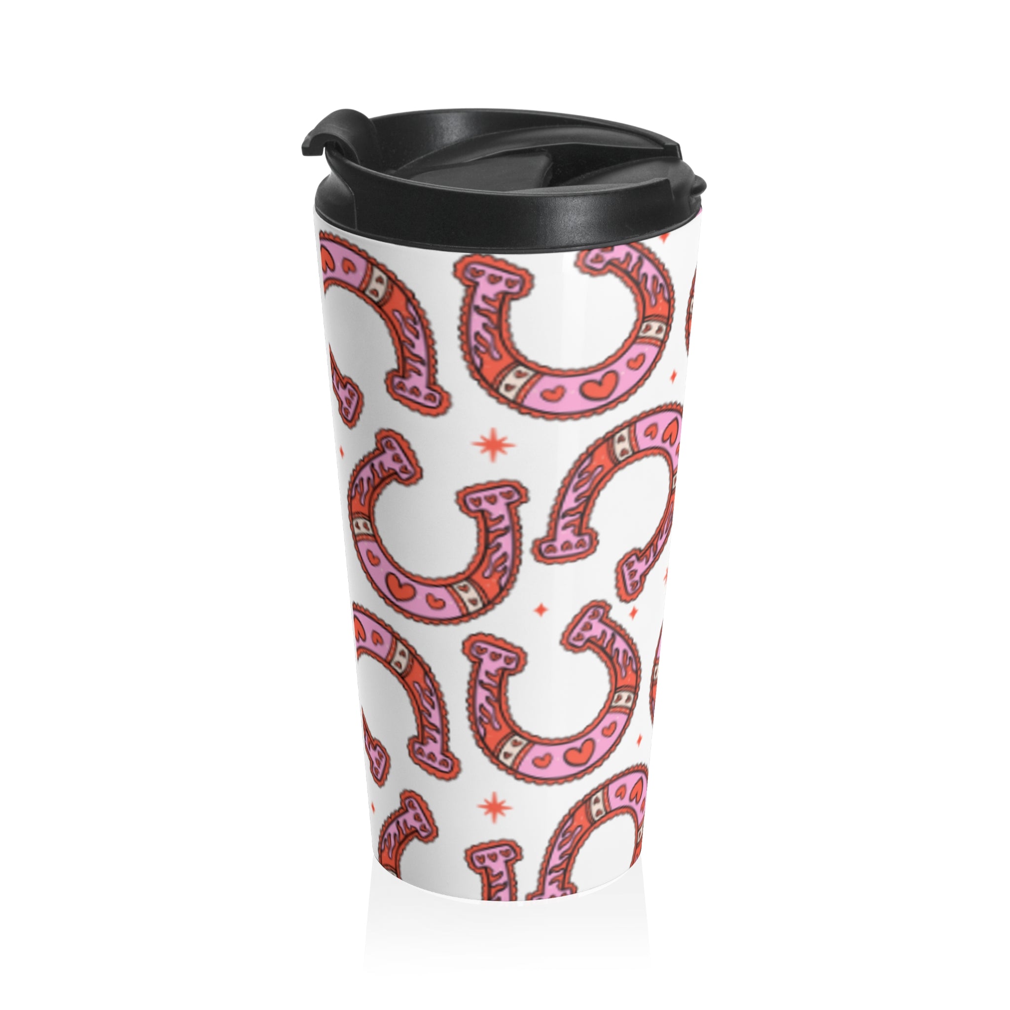 Pink Heart Horseshoe Travel Mug — Lucky Charm Stainless Steel Tumbler