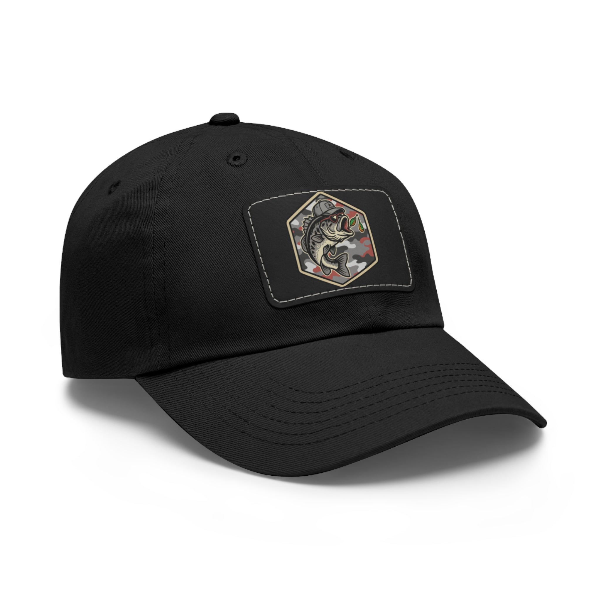 Fishing Dad Hat with Leather Patch — Bass Fish Graphic Cap