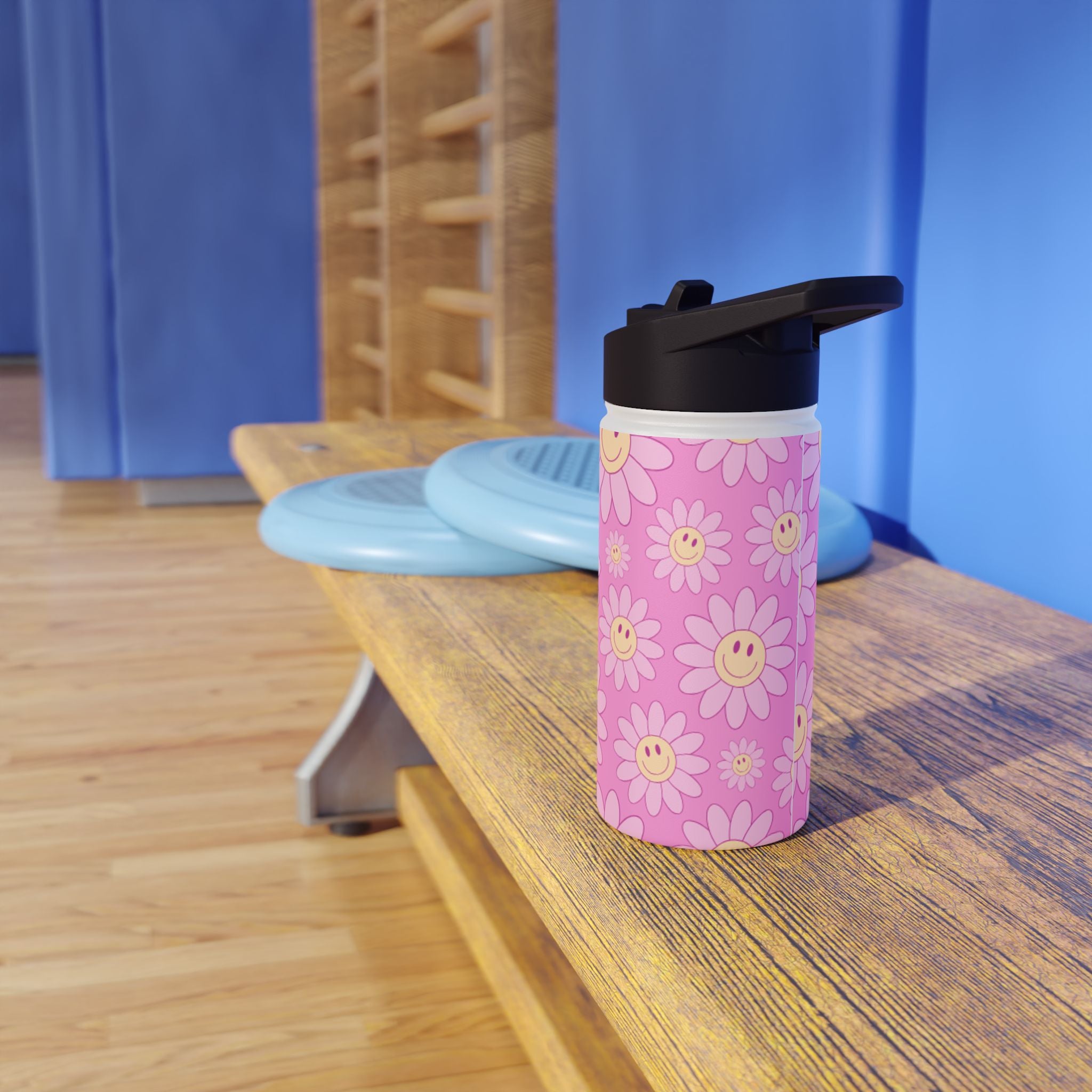 Pink Smiley Daisy Stainless Steel Water Bottle — Cute Floral Insulated Bottle