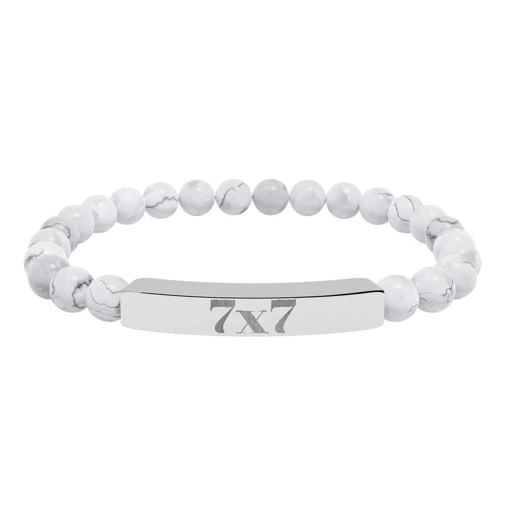 Engraved Natural Stone Stretch Bracelet — Bar Bead Bracelet with '7x7' Charm