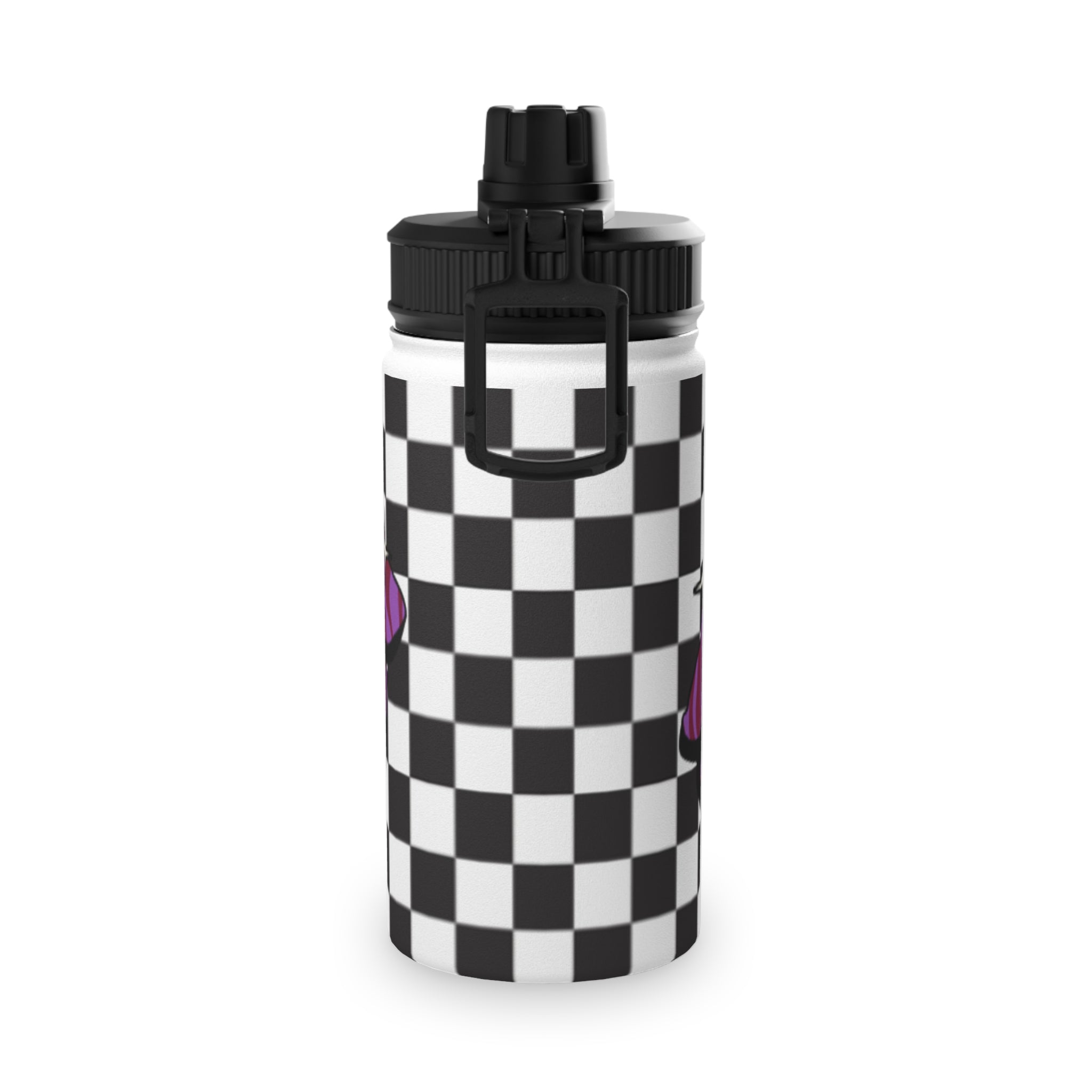 Stainless Steel Water Bottle — Purple Zebra Kiss on Black & White Checkered Pattern y2k