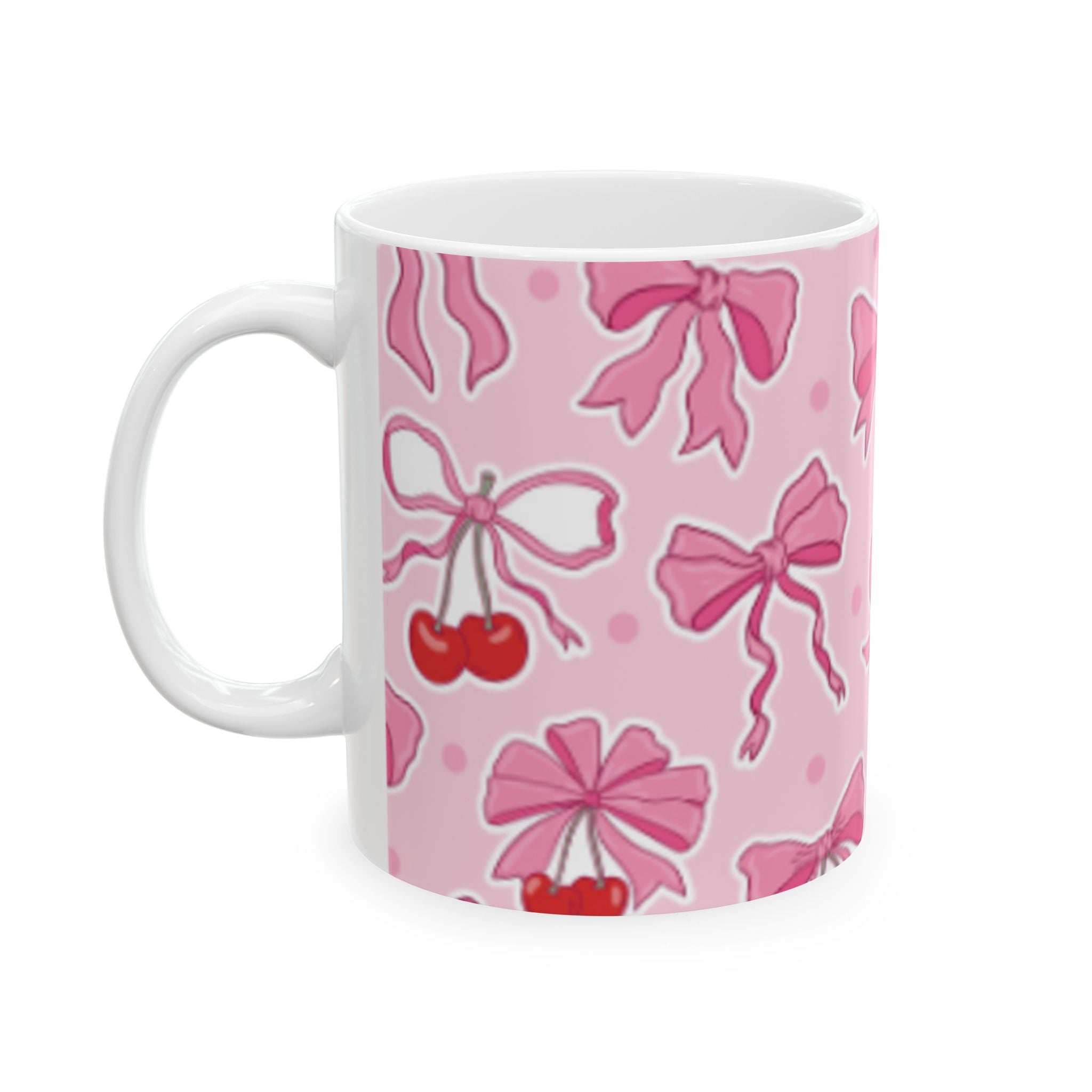 Pink Bow & Cherry Ceramic Mug — Cute Kawaii Patterned Coffee Cup (11oz, 15oz)