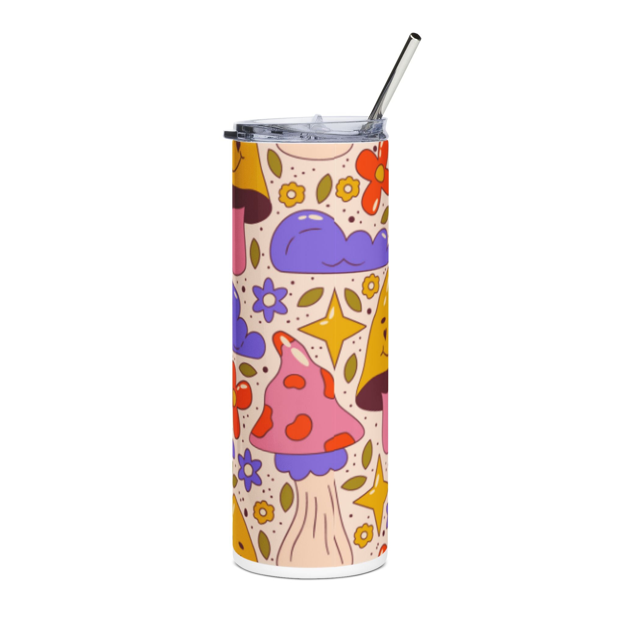 20oz Stainless Tumbler — Cute Smiling Mushrooms & Flowers Pattern