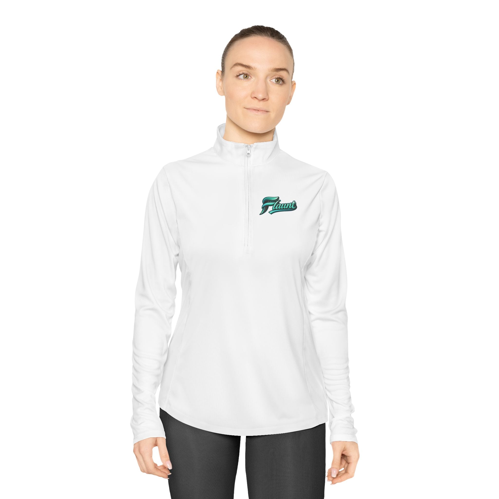 Ladies Quarter-Zip Pullover — White Performance Top with Green Script Logo