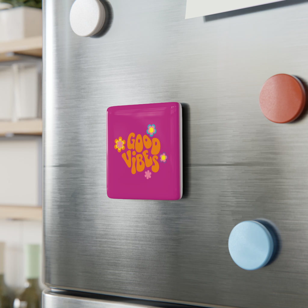 Good Vibes Porcelain Square Magnet — Retro Flower Positive Quote Fridge Magnet
