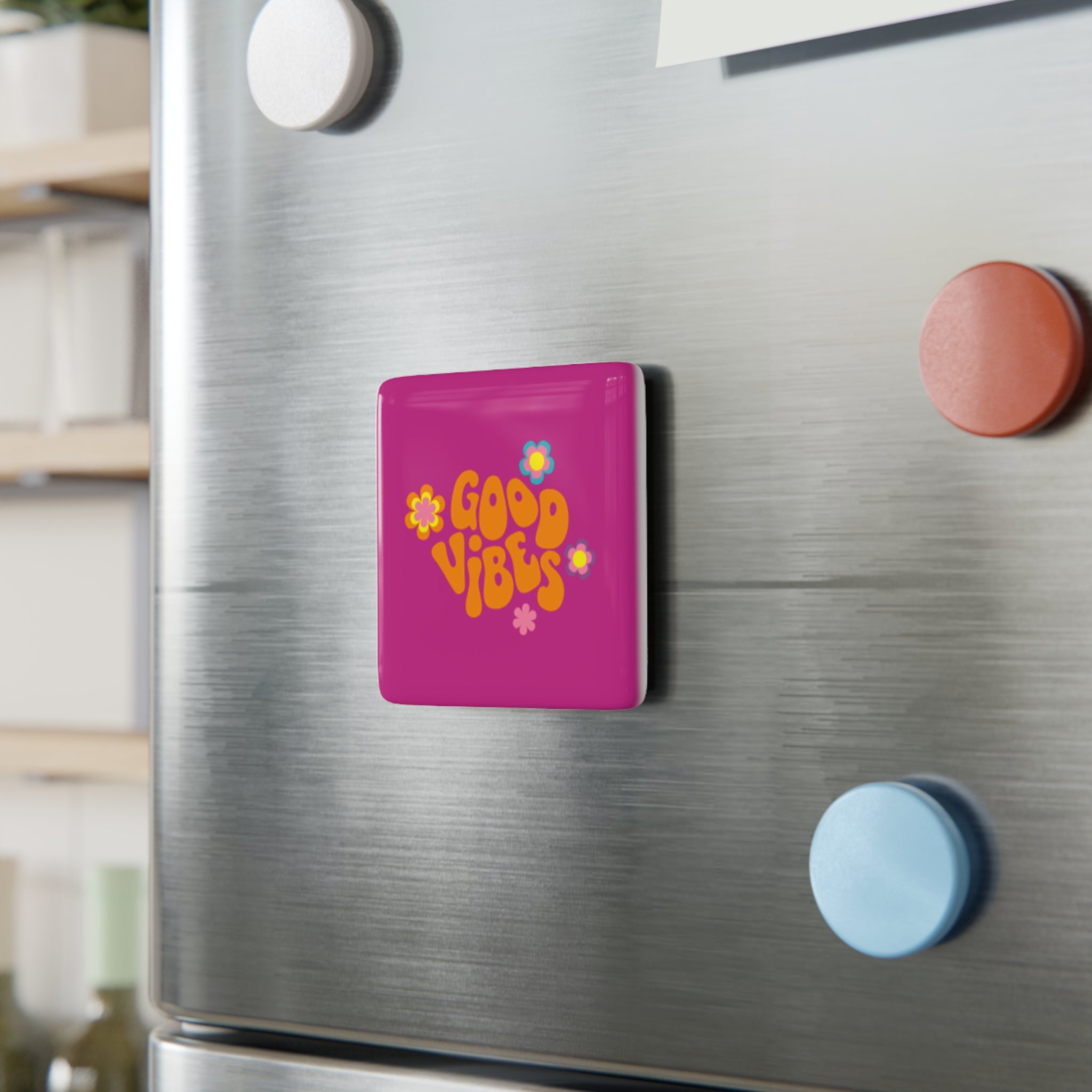 Good Vibes Porcelain Square Magnet — Retro Flower Positive Quote Fridge Magnet
